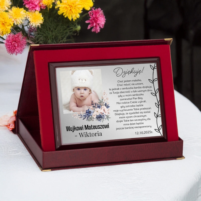 Podziękowanie dla rodziców chrzestnych / Drewniany panel, srebrna tabliczka, etui, dedykacja