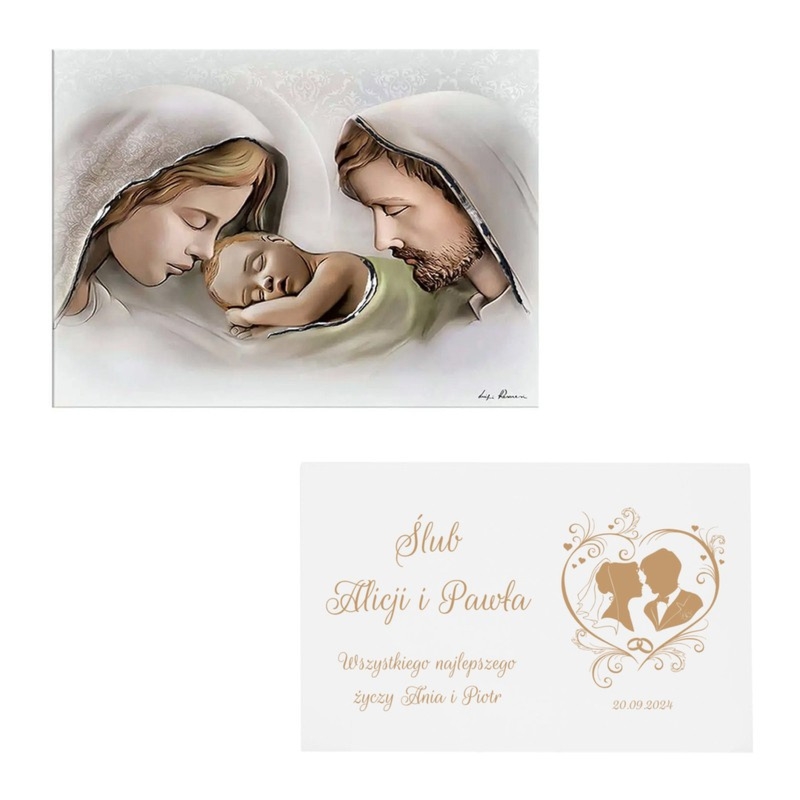 Ręcznie malowany obrazek Święta Rodzina na ślub z grawerem