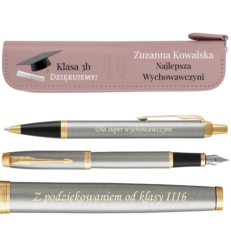 Image of Pióro wieczne + długopis Parker IM Brushed GT z grawerem + etui z nadrukiem