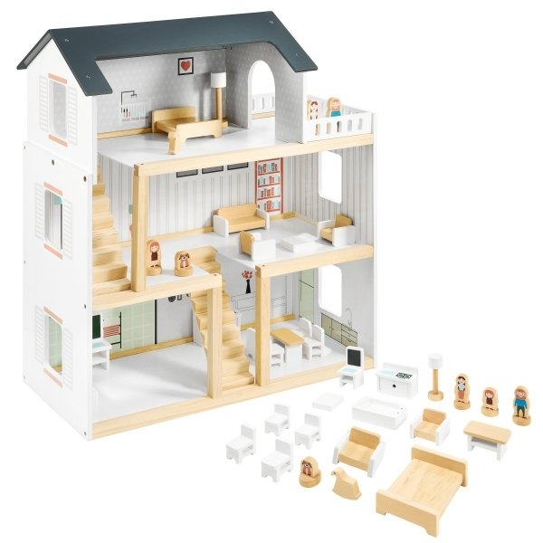 Image of Biały drewniany domek dla lalek z akcesoriami 18 szt.