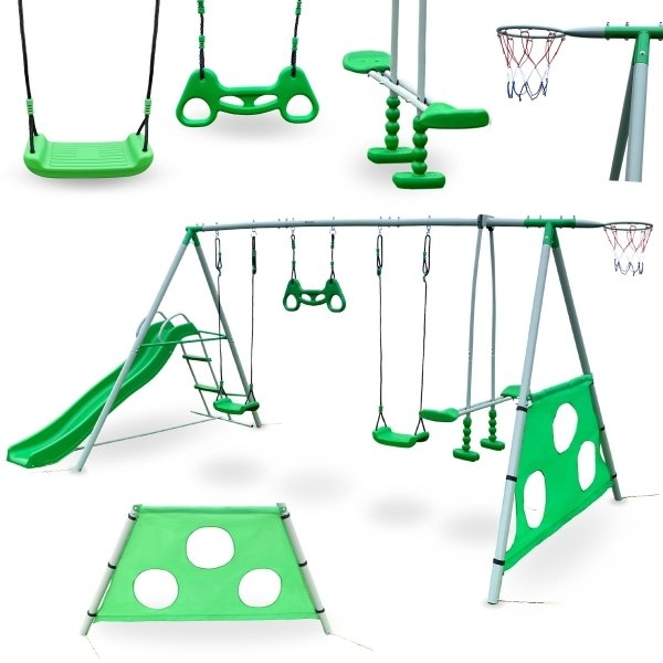 Image of Ogrodowy plac zabaw dla dzieci XXXL z huśtawkami, zjeżdżalnią, trapezem gimnastycznym, koszem do koszykówki i bramką do piłki nożnej