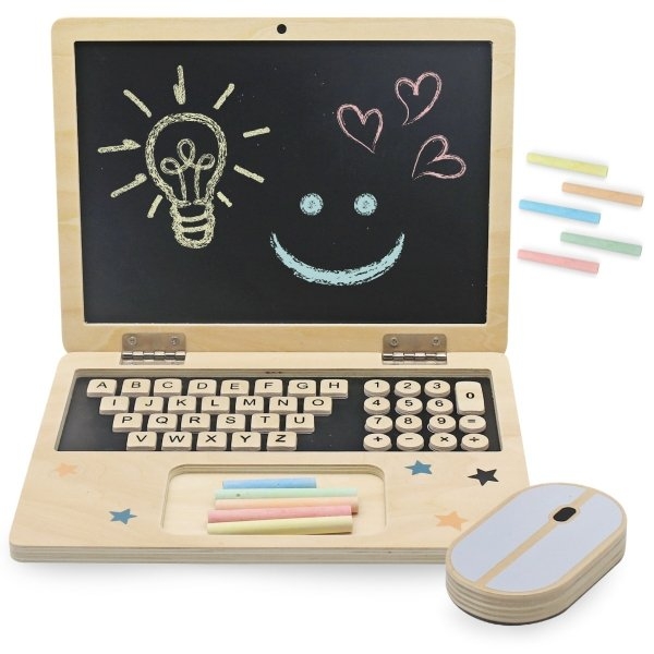Image of Drewniany laptop z myszką - tablica magnetyczna + kredowa