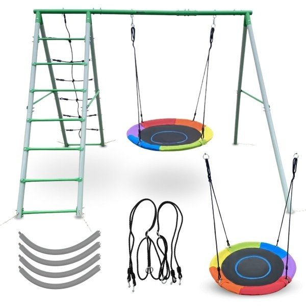 Image of Ogrodowy plac zabaw dla dzieci XL z huśtawką typu bocianie gniazdo z drabinką i siatką do wspinaczki