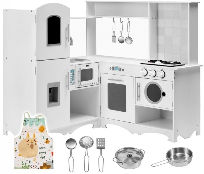 Image of Drewniana narożna kuchnia XXXL z lodówką, piekarnikiem, pralką, fartuszkiem i akcesoriami