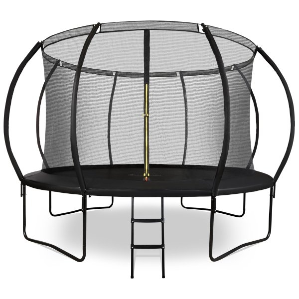 Image of Trampolina ogrodowa XXL dla dzieci HyperMotion - 366 cm 12FT - z drabinką i siatką wewnętrzną - do domu i ogrodu - 150kg max