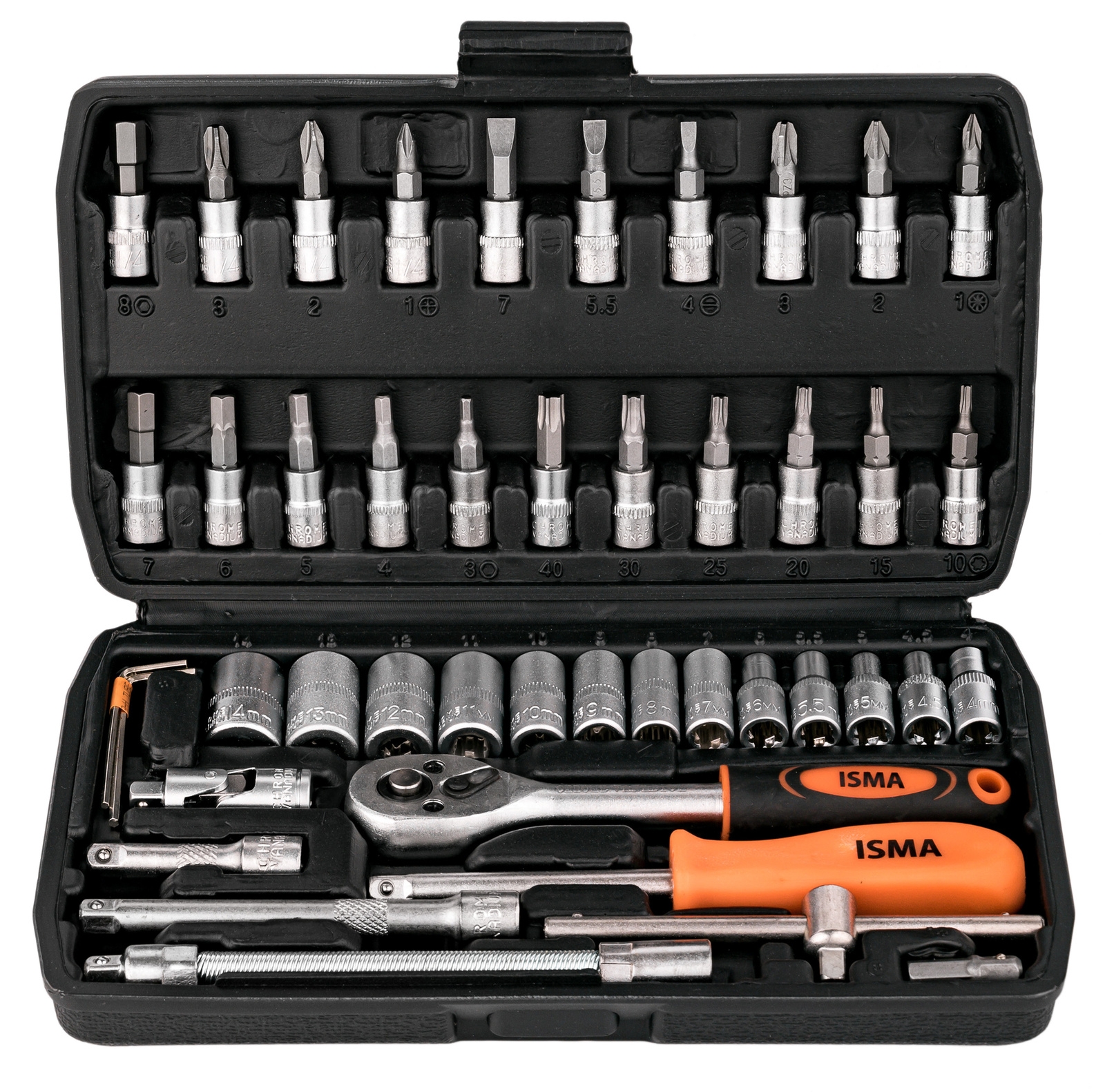 Image of Zestaw kluczy nasadowych 1/4" 46 elementów TORX HEX PZ PH w walizce ISMA