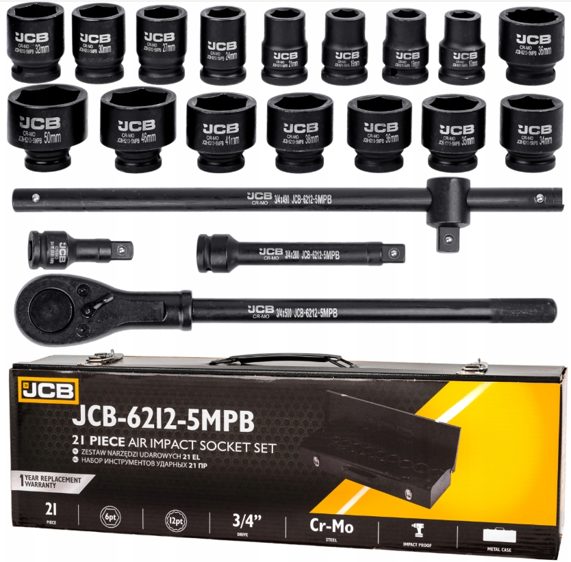 Image of Zestaw nasadki udarowe nasadowe głębokie do klucza pneumatycznego 3/4" 17-50mm 21el JCB