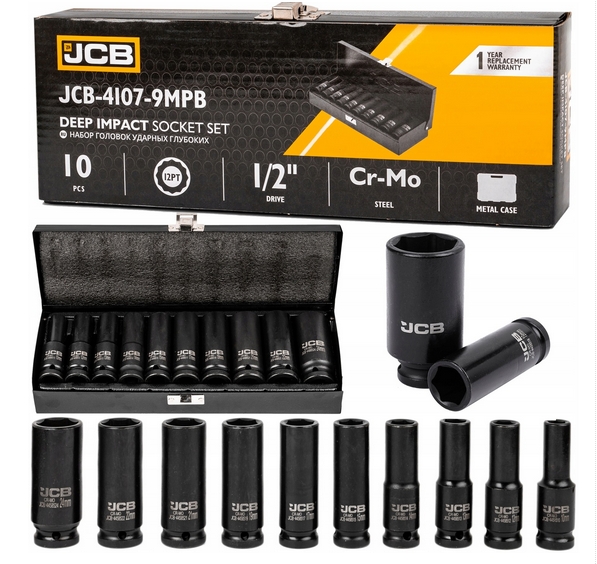 Image of Zestaw nasadki udarowe głębokie do klucz pneumatyczne 1/2" 10-24mm 10el JCB