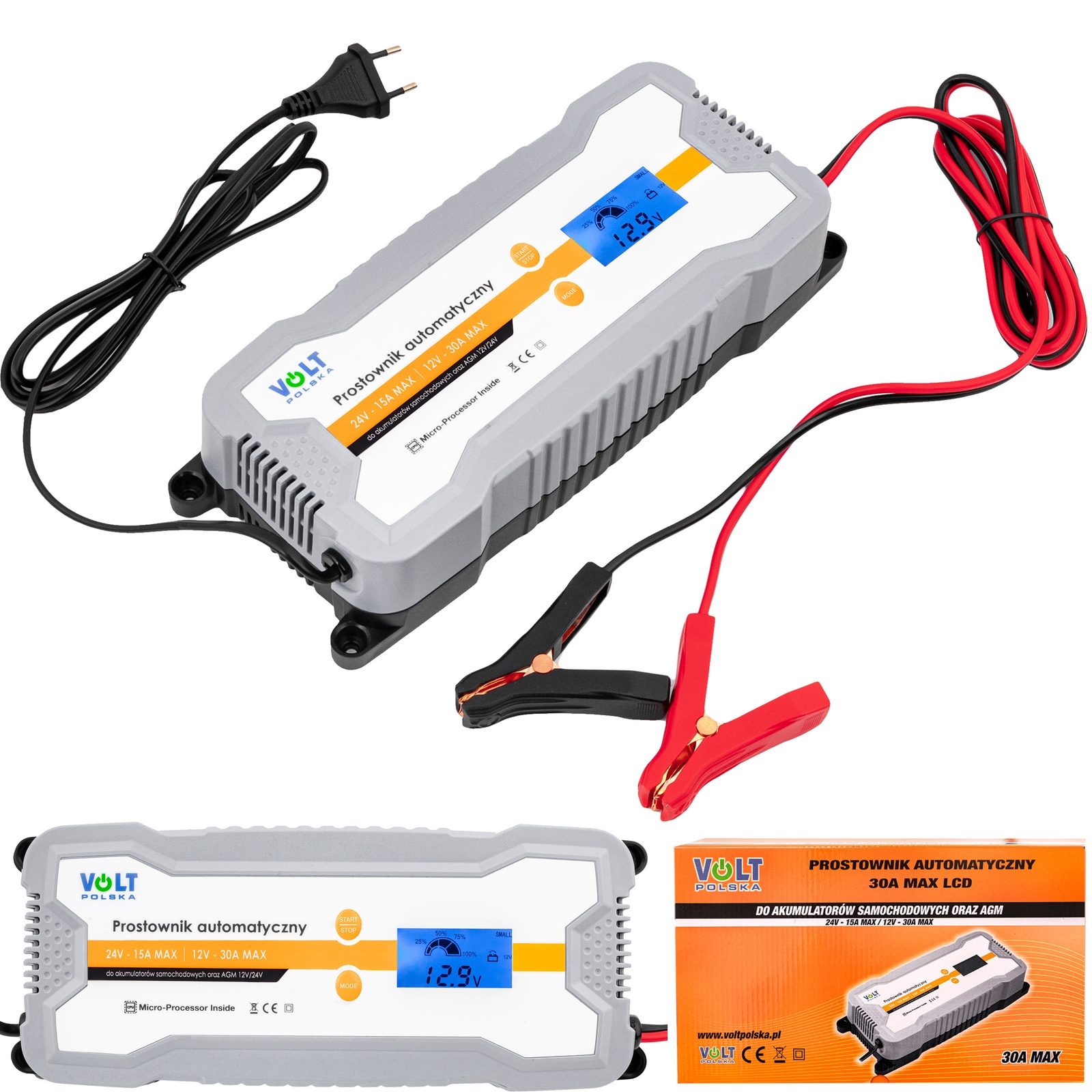 Image of Prostownik elektroniczny automatyczny ładowarka 12V 24V 30A LCD VOLT POLSKA