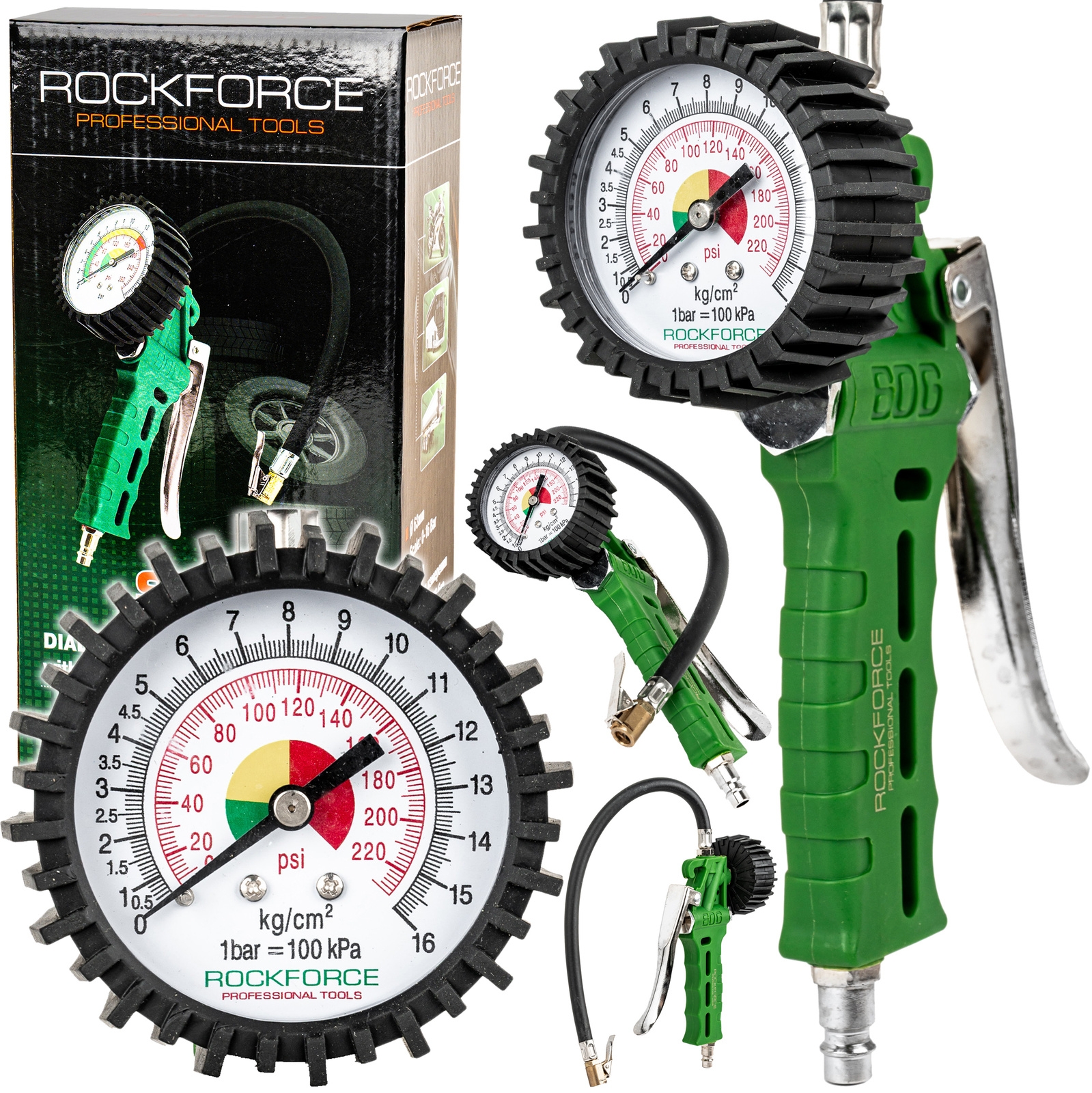 Image of Pistolet do pompowania kół opon z manometrem manometr pompka wąż 16 bar ROCKFORCE