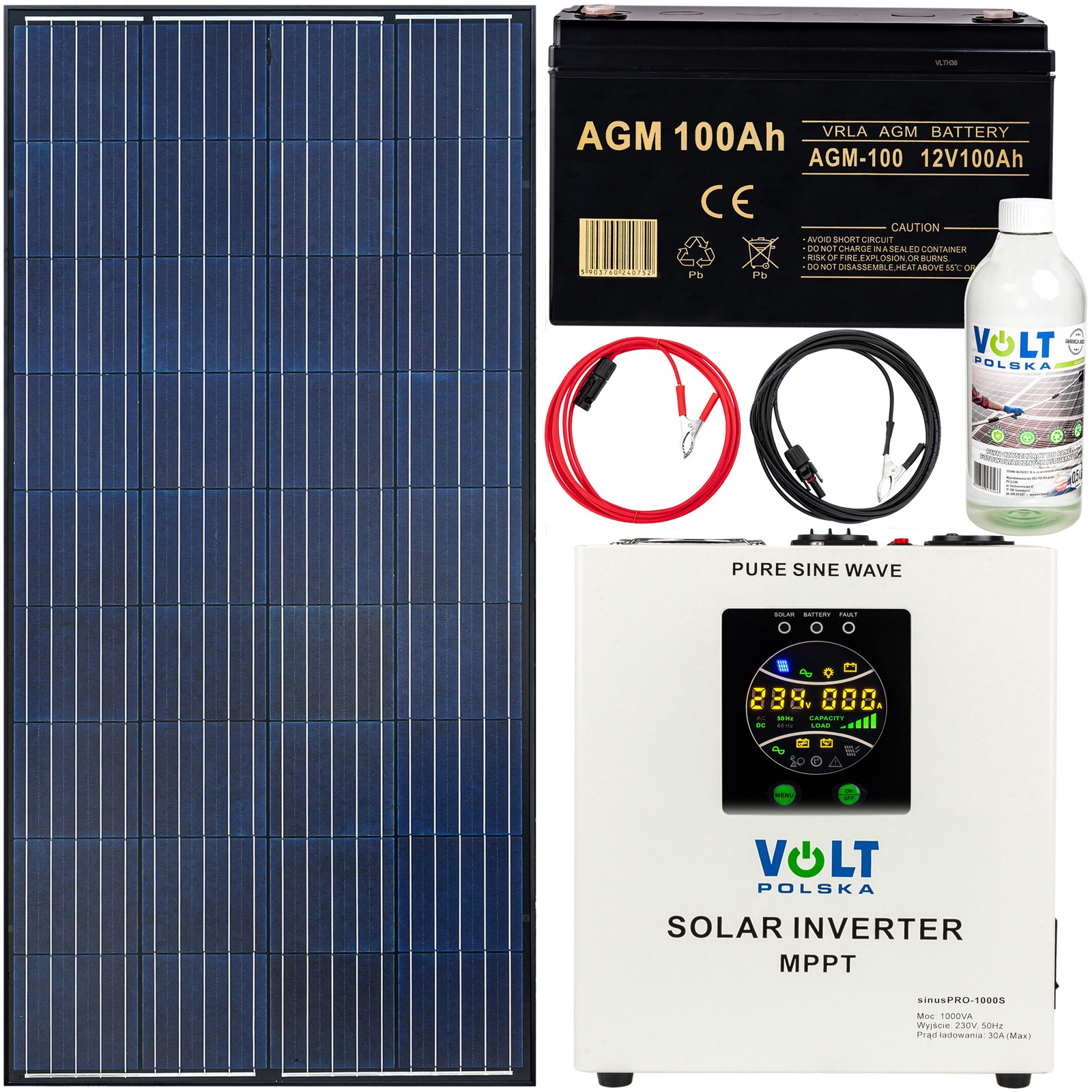 Image of Gotowy zestaw fotowoltaiczny 140w 100Ah (panel solarny, przetwornica 1000s, akumulator, przewody) + płyn VOLT POLSKA