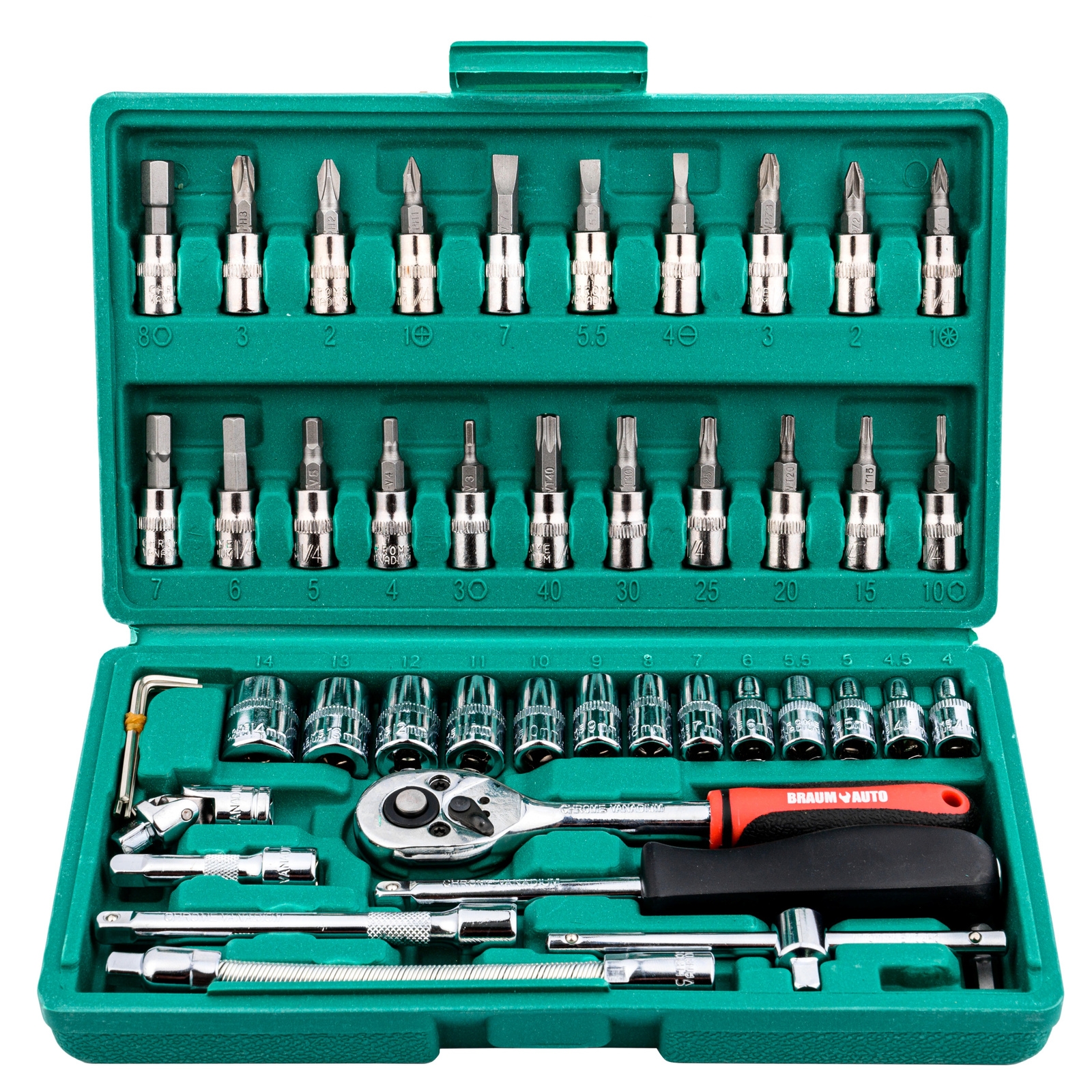 Image of Zestaw kluczy nasadowych 1/4" 46 elementów TORX HEX PZ PH w walizce BRAUM AUTO