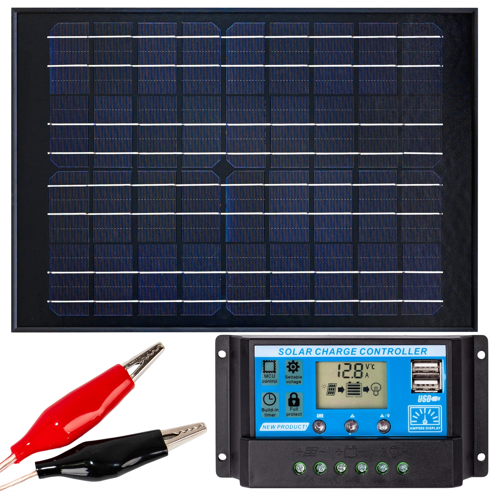 Image of Zestaw solarny fotowoltaiczny 20W 12V BLACK (Panel solarny 20W, Regulator napięcia 10A) VOLT POLSKA