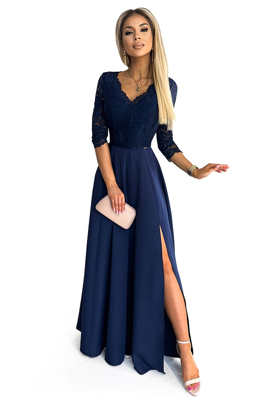 Image of 309-6 AMBER elegancka koronkowa maxi suknia z dekoltem - GRANATOWA