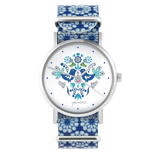 Image of Pakamera Zegarek - Folkowe ptaszki blue - niebieski, kwiaty