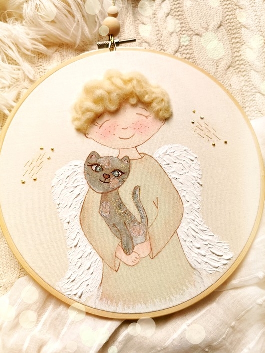 Image of Aniołek z kotem, ręcznie malowany obrazek na pamiątkę dla dziecka