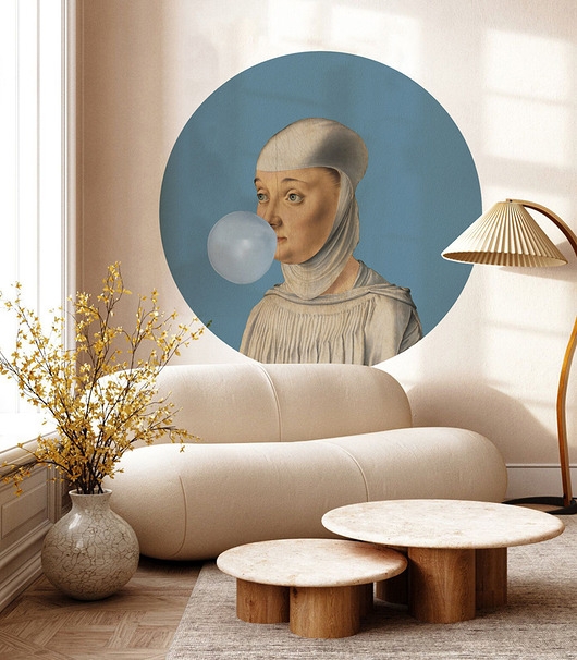 Image of Dots Woman With Bubble Gum Blue - samoprzylepna tapeta w kształcie koła