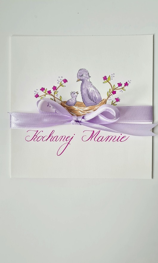 Image of Pakamera Kartka na Dzień Matki ręcznie robiona - Ptaszki w gniazdku