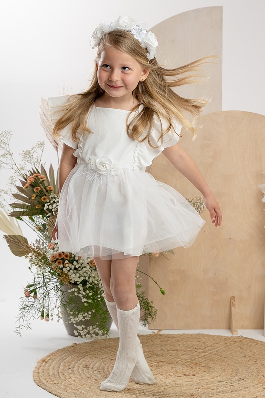 Image of Pakamera Sukienka JUDITH organic z tiulowym dołem i krótkim rękawem ekri