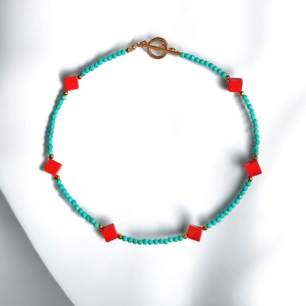 Image of Pakamera UNIKATOWY naszyjnik SUMMER COLLECTION magnezyt,koral pomarańczowy