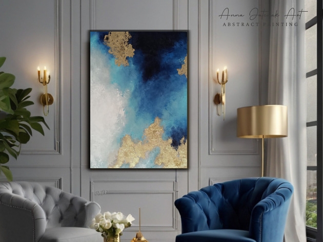 Image of Pakamera ZŁOTE WYBRZEŻA Abstrakcyjny obraz ze złotem, ręcznie malowany, 70x50 cm