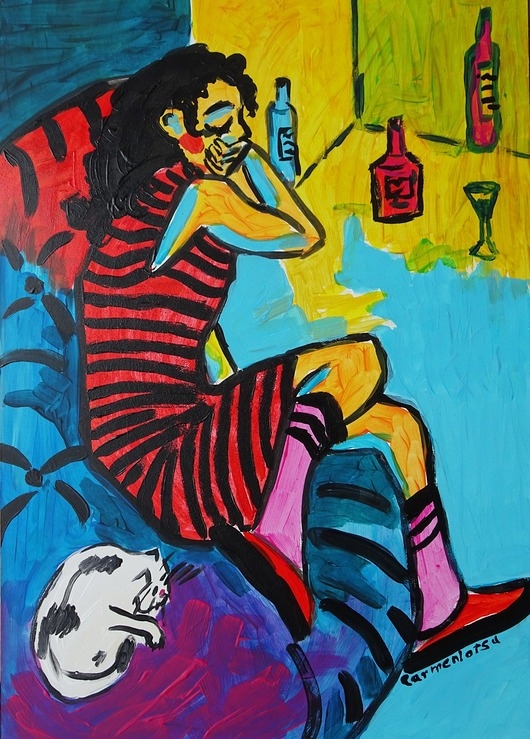 Image of Obraz do salonu portret dziewczyny z kotkiem