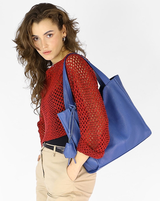 Image of Modna torebka damska skórzany shopper bag - MARCO MAZZINI niebieska