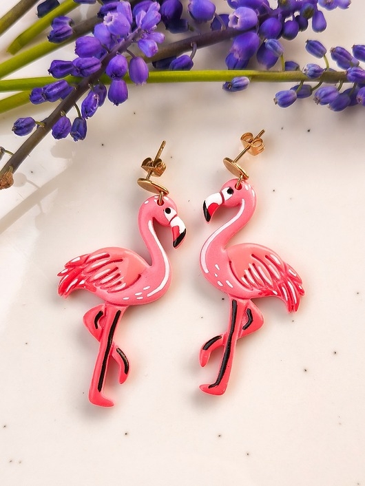 Image of Pakamera Kolczyki flamingi, w kształcie flaminga, z wizerunkiem flamingów, boho