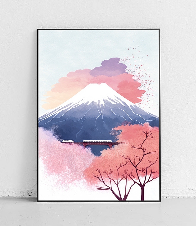 Image of Pakamera Plakat Góra Fuji w różach i błękitach z pociągiem
