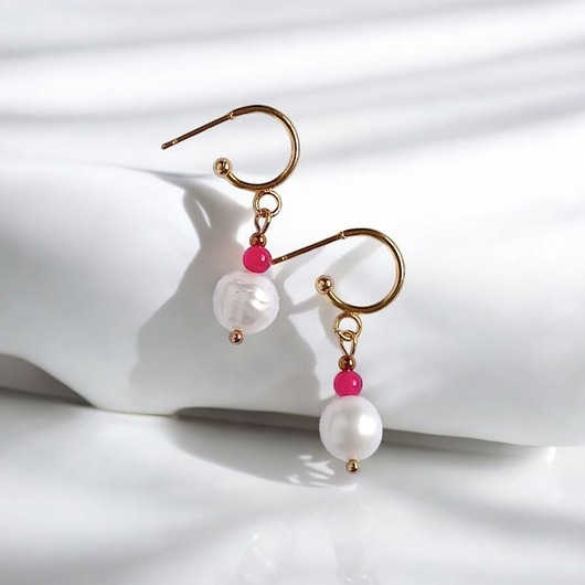 Image of Pakamera Kolczyki FUCHSIA &amp; PEARL collection: perła i agat : sztyfty-kółka