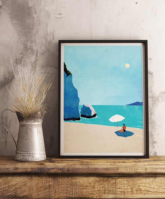 Image of Pakamera Dzika plaża - dziewczyna pod parasolem - plakat fine art