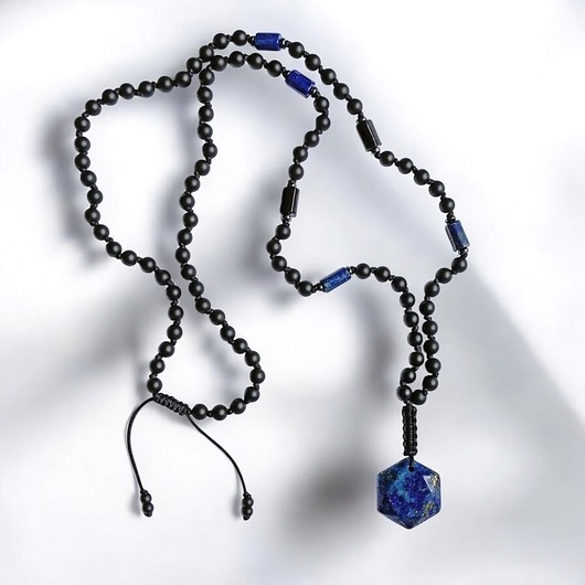 Image of Pakamera PREMIUM: naszyjnik męski supełkowany : LAPIS LAZULI, onyks, turmalin