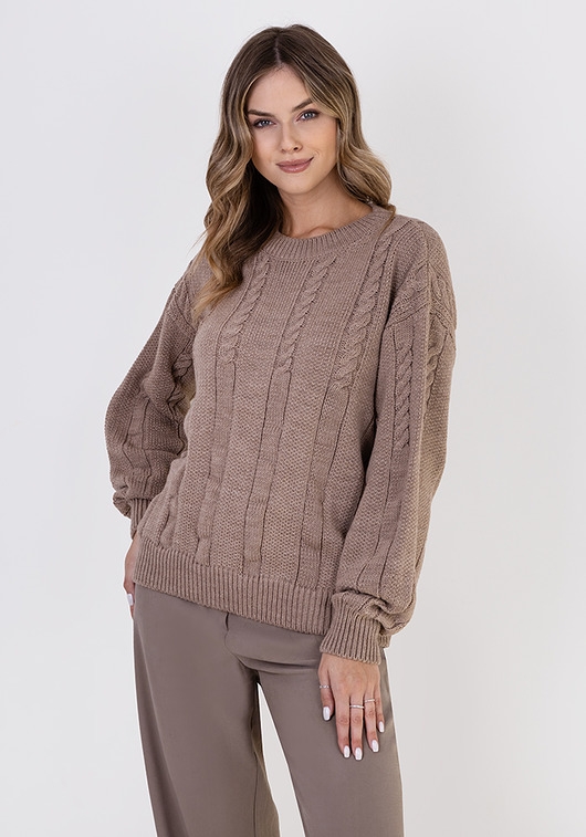 Image of Oryginalny sweter w warkoczowe wzory - SWE323 mocca MKM