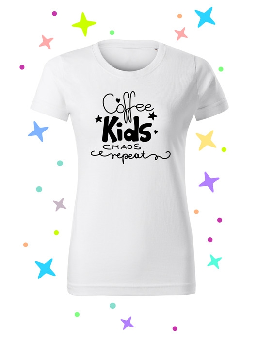 Image of T-shirt Biała koszulka z napisem Coffee Kids Chaos Repeat Folia Flex