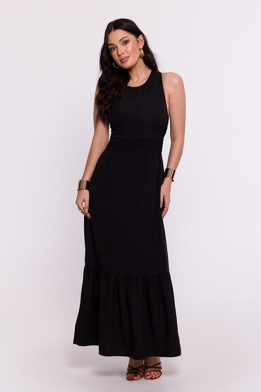 Image of Sukienka z gumowanym paskiem i wiązaniem na plecach - czarna(B-281)