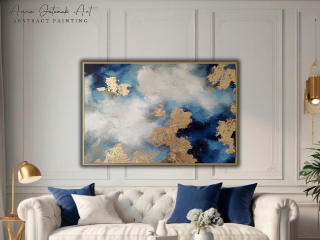 Image of Pakamera NIEBO Abstrakcyjny obraz akrylowy, ręcznie malowany ze złotem, 100 x 70 cm