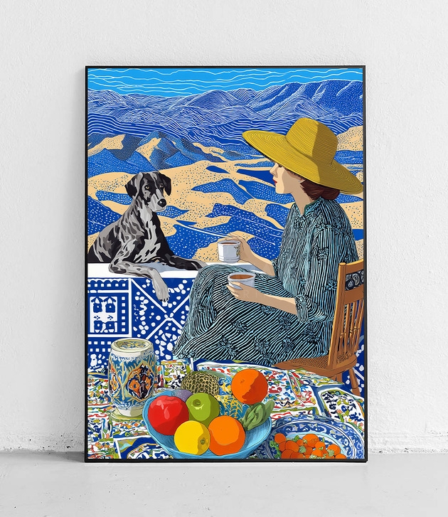 Image of Pakamera Plakat Kawa w górach z psem