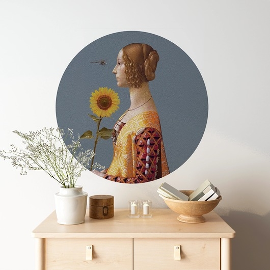 Image of Pakamera Mural DOTS Kobieta ze słonecznikiem NIEBIESKI- okrągła dekoracja ścienna