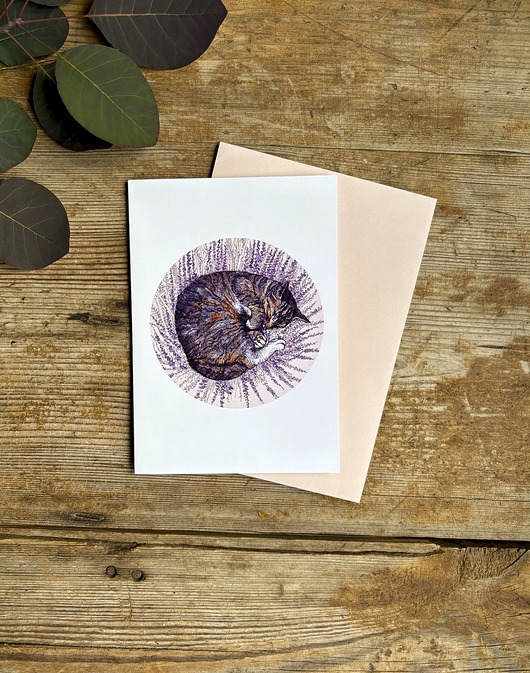 Image of Pakamera Kot we wrzosie- Kartka- Grafika- Ilustracja- Zwierzaki