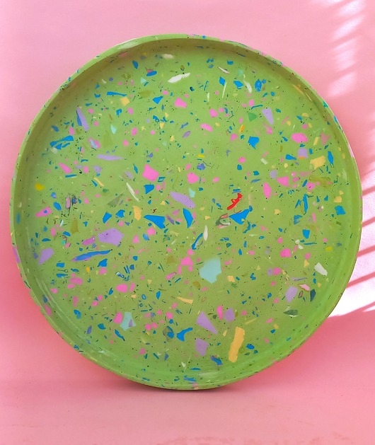 Image of Zielona taca dekoracyjna, lastryko, okrągła taca kawowa, duża podstawka