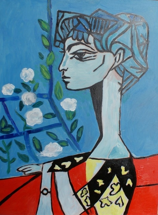 Image of Kolorowy obraz olejny do salonu Pablo Picasso Jacqueline z kwiatami