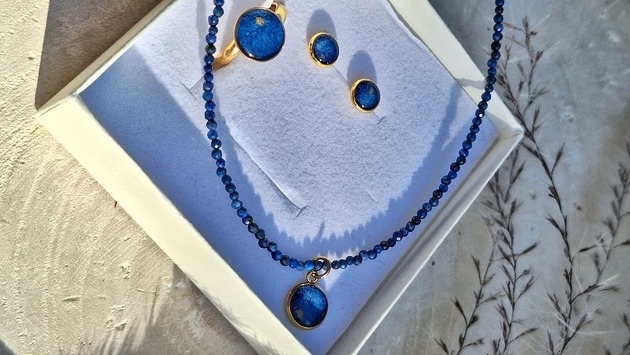 Image of Pakamera Komplet biżuterii artystycznej Lapis Lazuli z ręcznie malowaną akwarelą