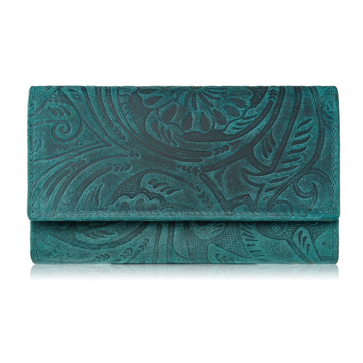 Image of Pakamera Portfel damski skórzany vintage w kwiaty zielony duży RFID T-108-HGR