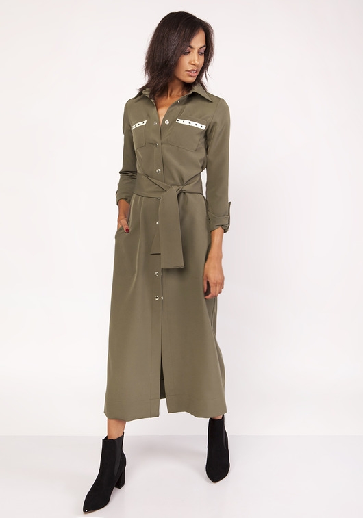 Image of Pakamera Długa sukienka w stylu militarnym - SUK157 khaki