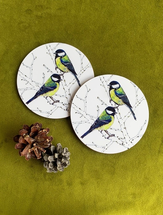 Image of Podkładki pod kubek- Sikorki bogatki- Ilustracja- Great Tit coasters