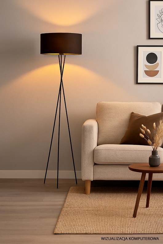 Image of Pakamera Czarna lampa stojąca na trójnogu do salonu PARYŻ GOLD z abażurem