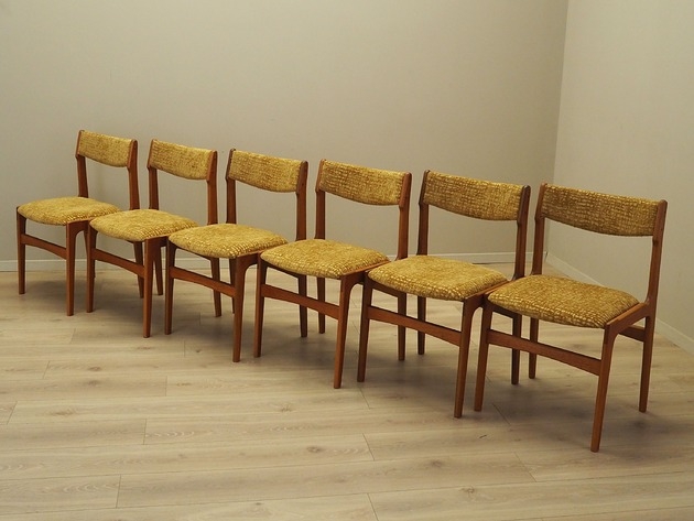 Image of Pakamera Komplet sześciu krzeseł tekowych, duński design, lata 70, produkcja: Dania