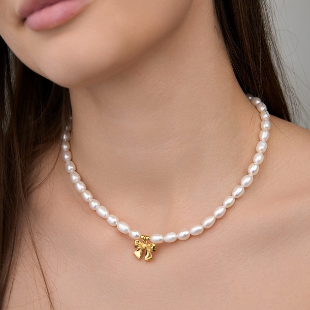 Image of Pakamera Choker naszyjnik z naturalnych pereł kokardka- srebro 925 pozłacane
