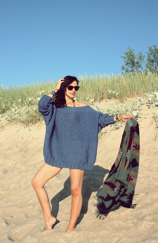 Image of Sweter handmade oversize blue z wełną