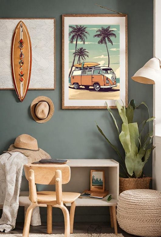 Image of PLAKAT boho camper van, surferski, vintage ilustracja, travel poster